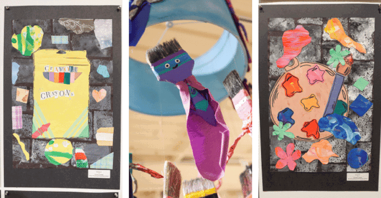 3 images of mixed media student artwork