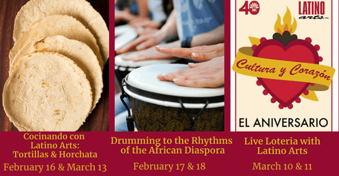 Tortillas, hands drumming a hand drum and a loteria card with a heart