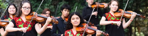 Group of young musicians playing their violins outside